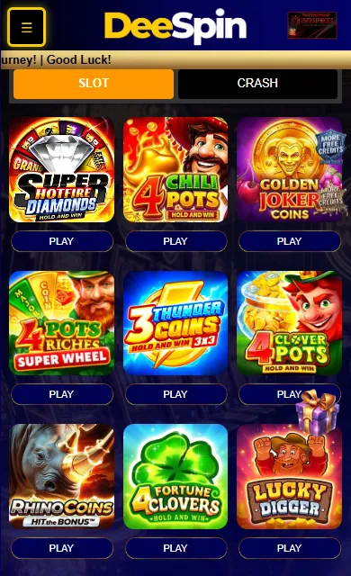 DeeSpin Australia pokies lobby open in a mobile browser with Play buttons