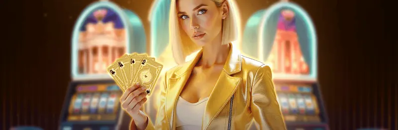 DeeSpin Casino host in a gold jacket holding playing cards in front of pokies machines