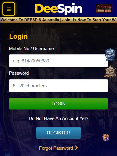 DeeSpin Casino login screen with Mobile No / Username and Password fields on a phone