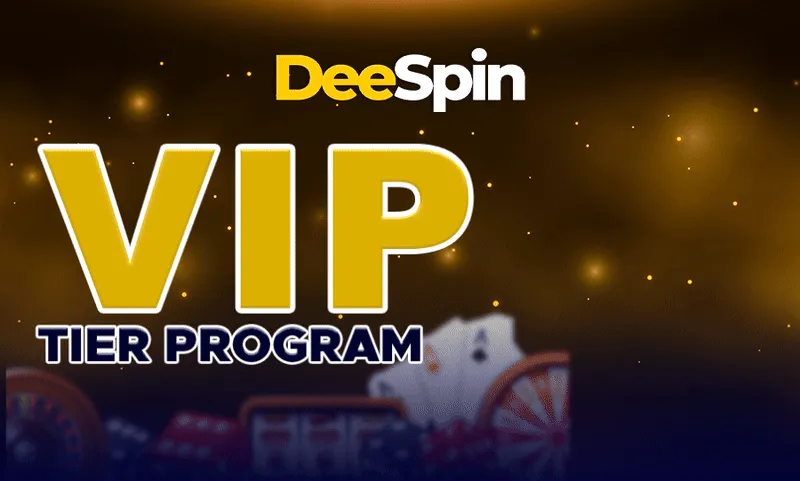 DeeSpin Casino VIP tier programme banner with cards, dice and a roulette wheel